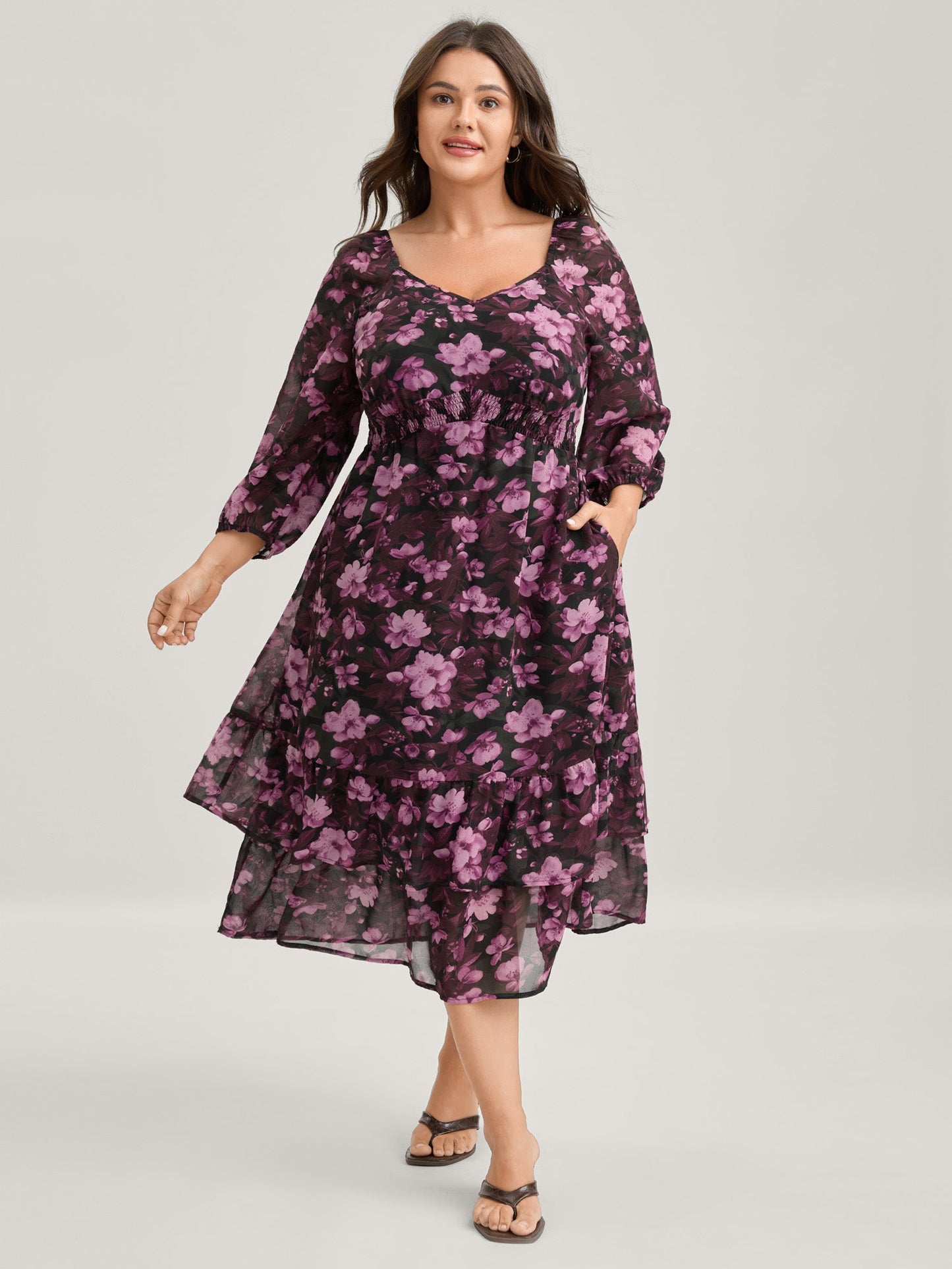 Large Floral Print Shirred Waist Midi Dress