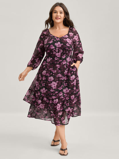 Large Floral Print Shirred Waist Midi Dress