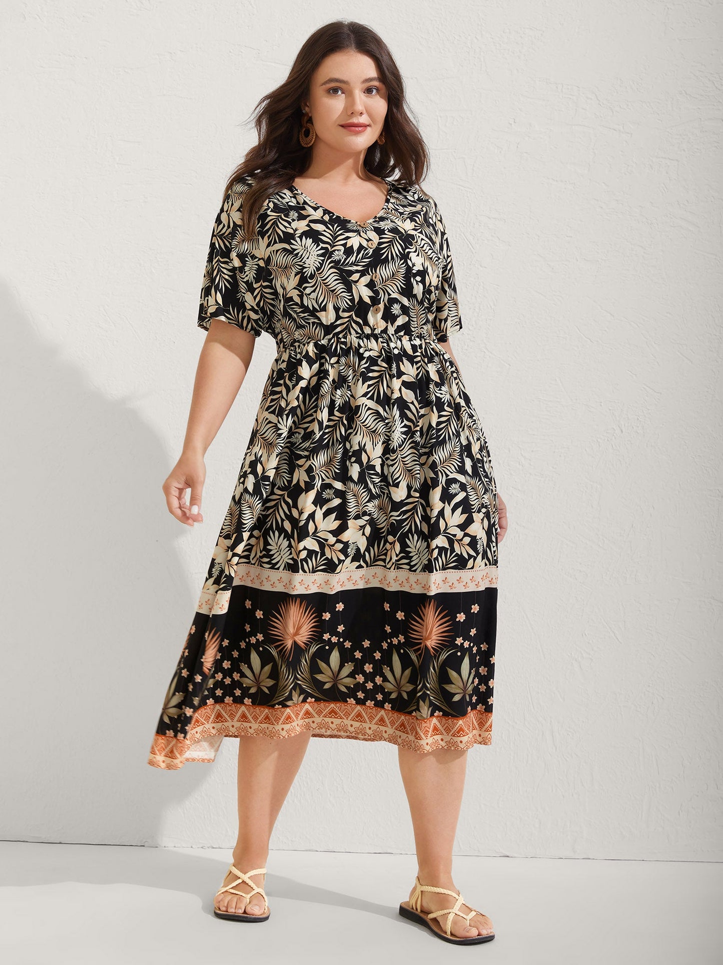 Rayon Floral Print Button Detail Midi Dress
