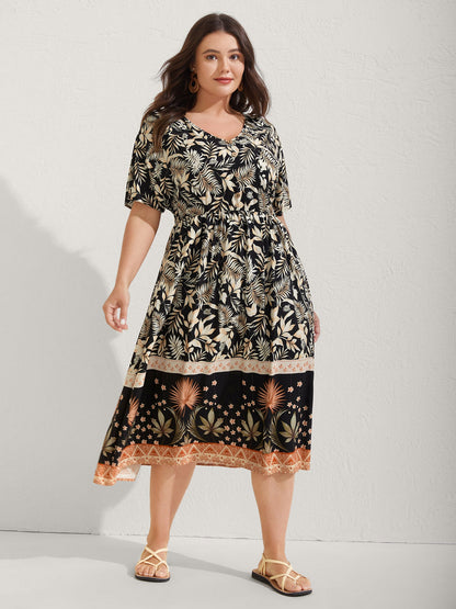 Rayon Floral Print Button Detail Midi Dress