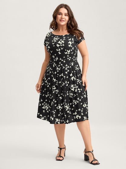 Rayon Monochrome Butterfly Stretchy Midi Dress