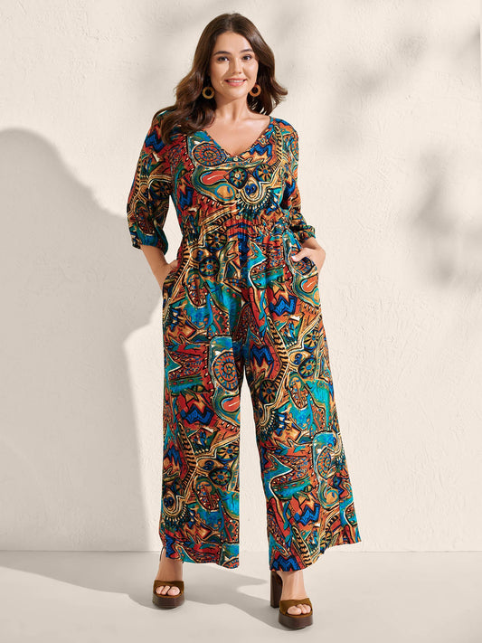 Graffiti Print Pockets Backless Tie Jumpsuit