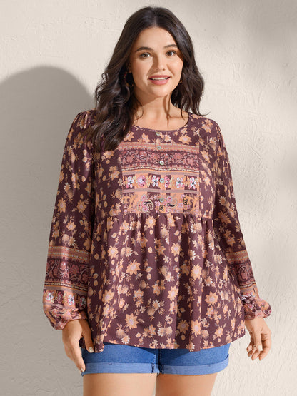 Floral Mixed Print Puffy Sleeve Blouse