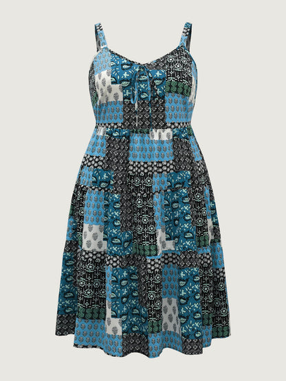 Boho Floral Collage Stretchy Waist Midi Dress