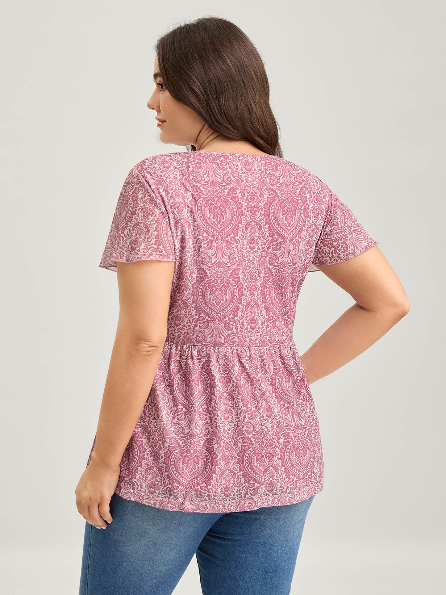 Lace V-Neck Ornate Print Knit Top