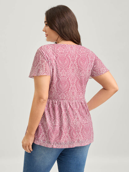 Lace V-Neck Ornate Print Knit Top