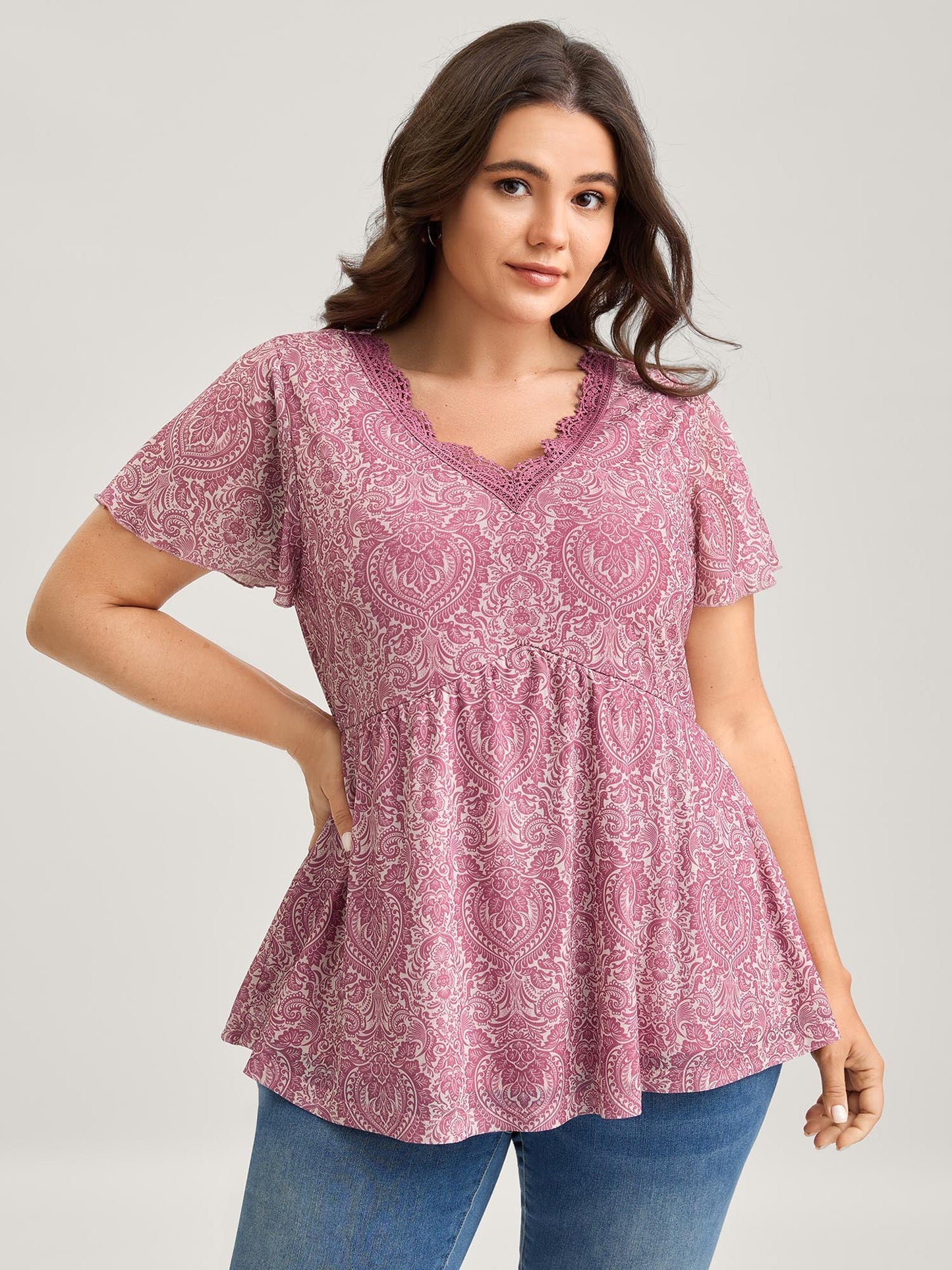 Lace V-Neck Ornate Print Knit Top