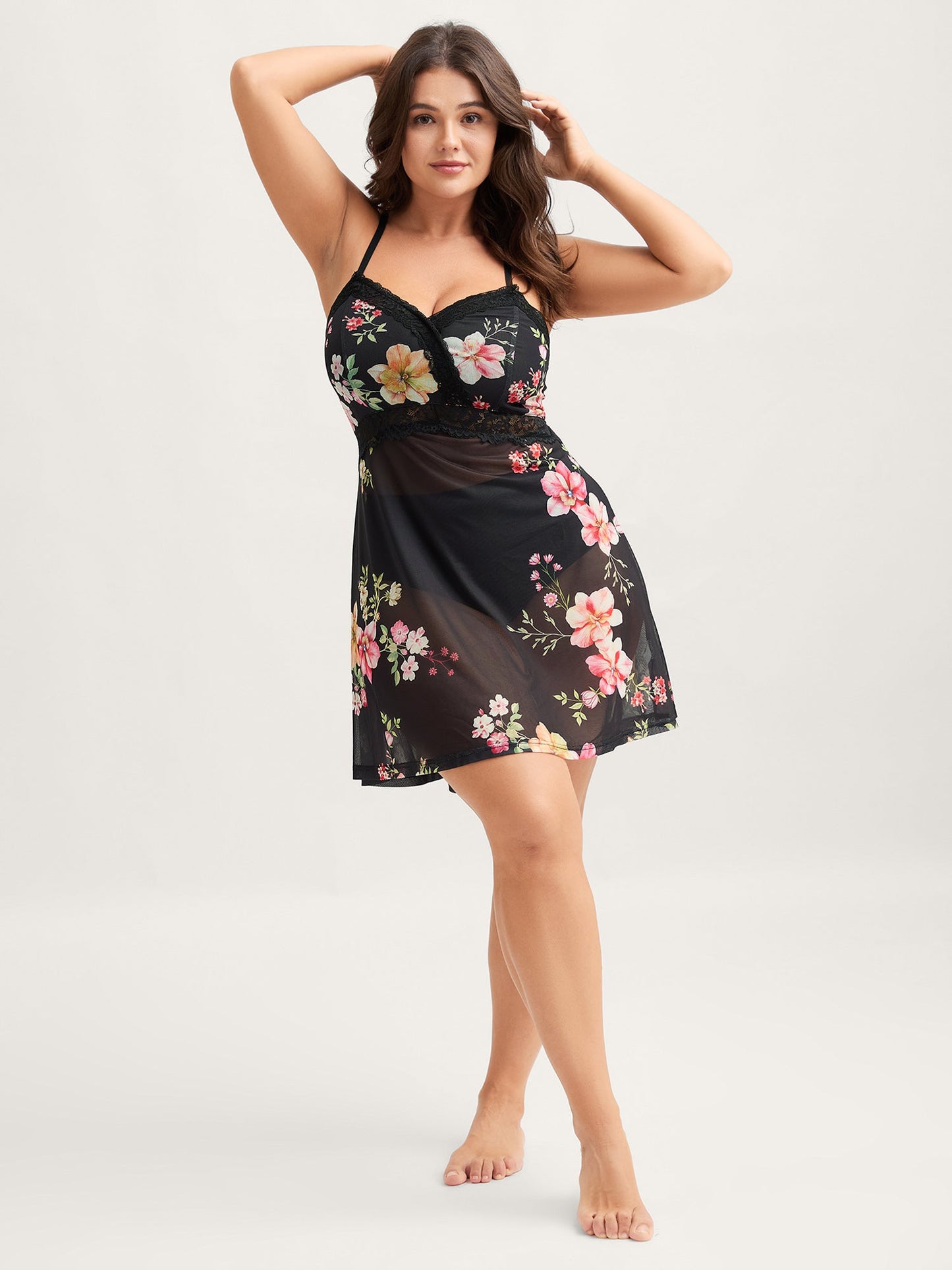 Floral Mesh Lace Trim Sleep Dress