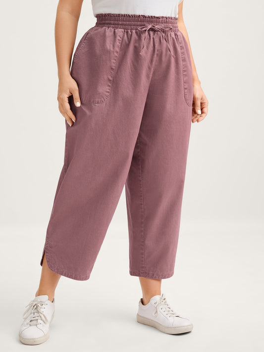 Cotton Shirred Wide Waistband Hem Slit Pants