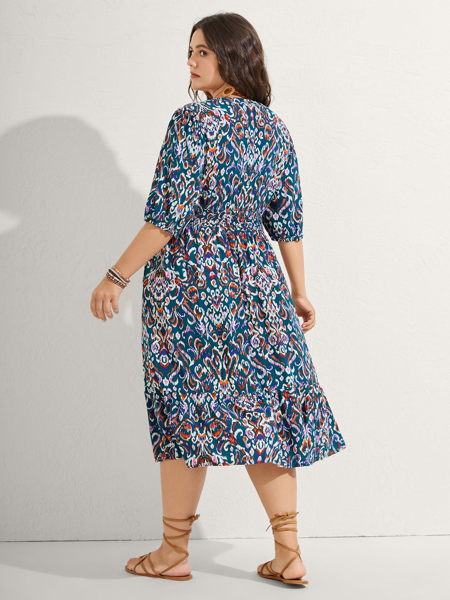 Abstract Print Shirred Waist Midi Dress