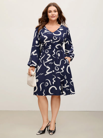 Scribble Print Pleated Cinched Waist Midi Dress