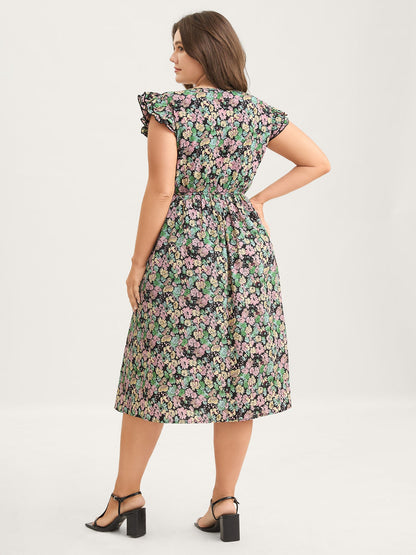 Floral Layered Ruffled Sleeve Midi Dress