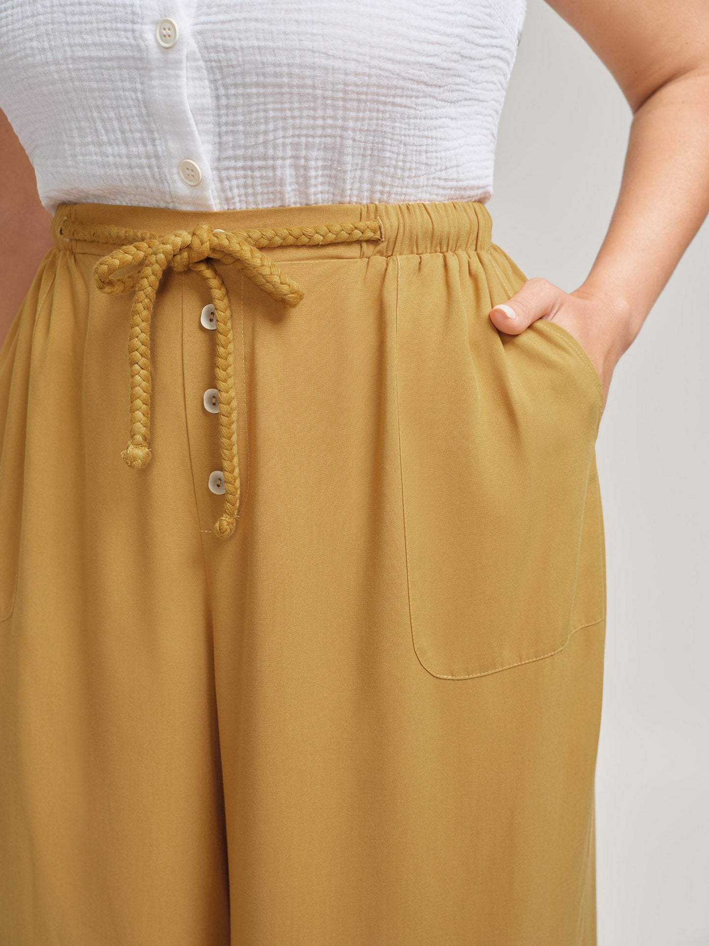 Waist-Tie Ornaments Button Detail Wide-Leg Pants