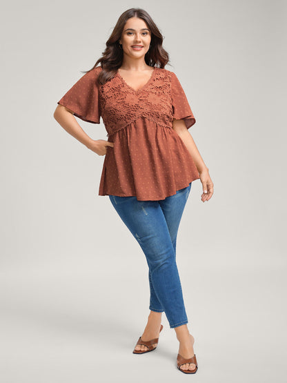 Lace Textured Cinched-Flared Waist Blouse