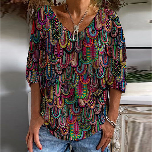 Casual V Neck Mid Sleeve Loose Pullover Retro Print Women's T-Shirt