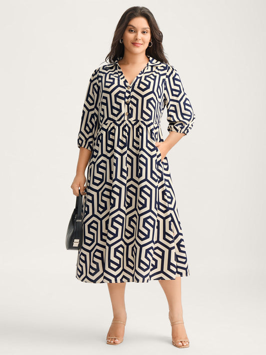 Rayon Geometric Pattern Button Midi Dress