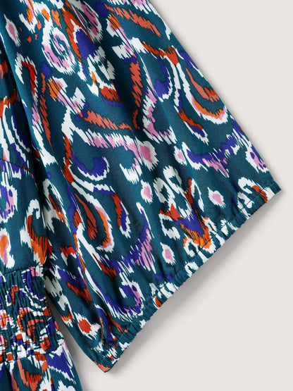 Abstract Print Shirred Waist Midi Dress