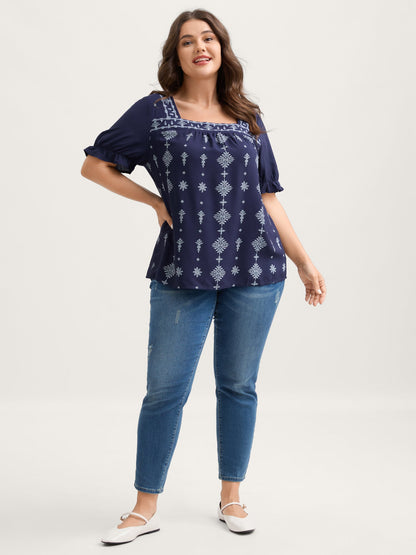 Boho Print Square Neck Blouse
