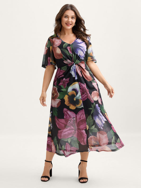 Large Floral Print Twist Front Midi Dress