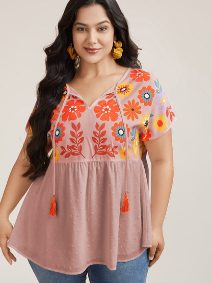 Floral Print Neck-Tie Babydoll Top