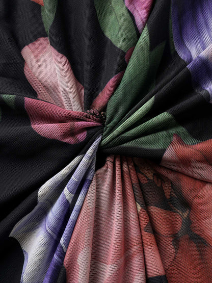 Large Floral Print Twist Front Midi Dress