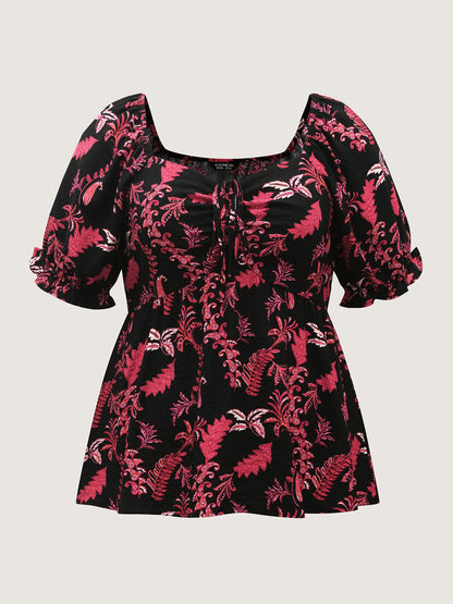 Boho Print Neck Tie Flowy Shirt