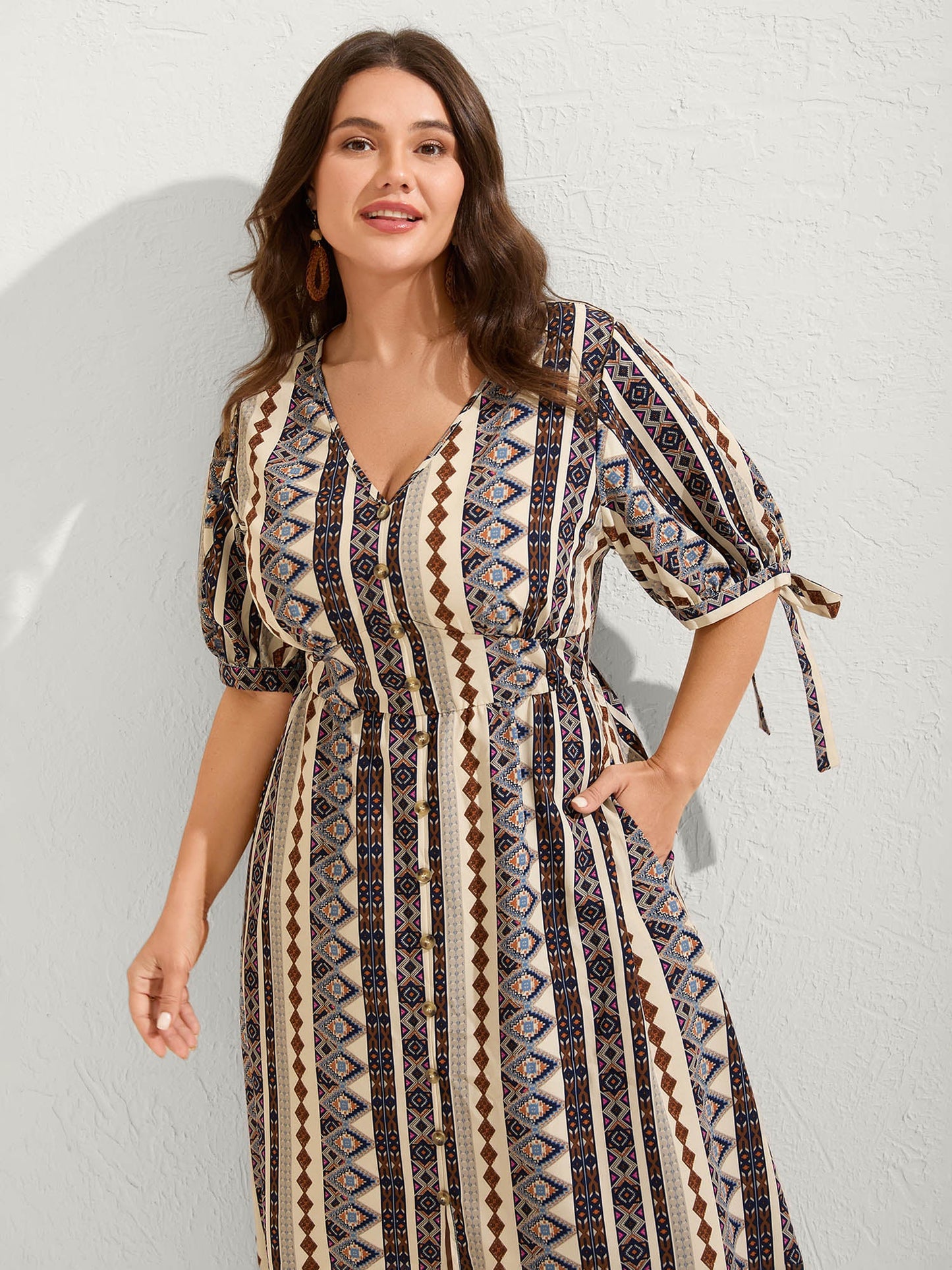 Geometric Stripes Button Detail Midi Dress