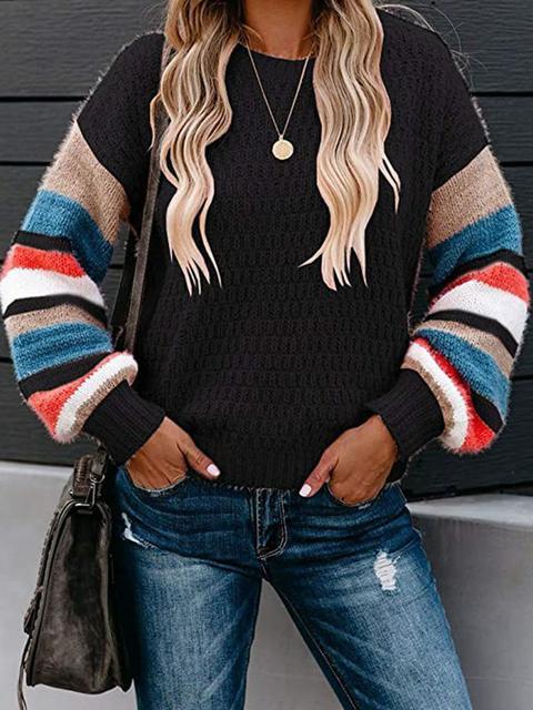 Striped Pattern Sleeve Crew Neck Pullover Sweater