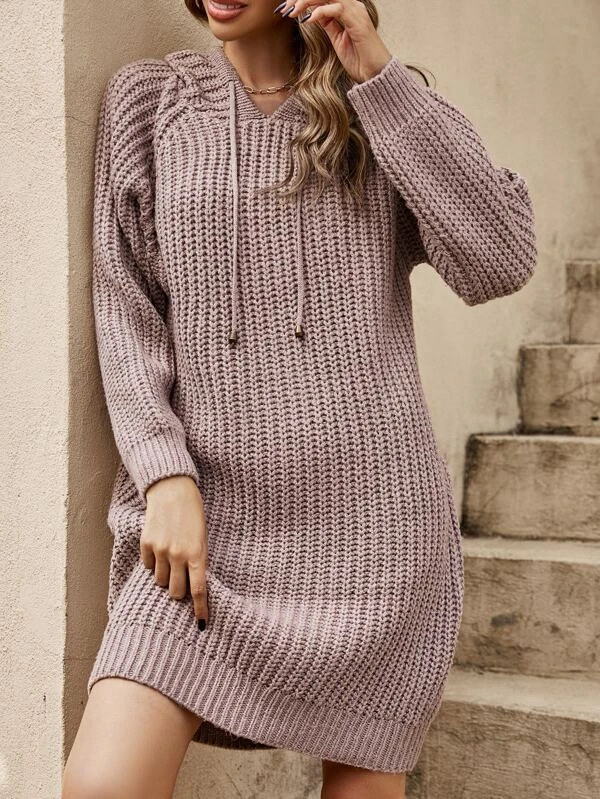 Raglan Sleeve Drawstring Hooded Sweater Dress
