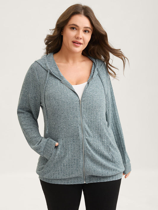 Ribbed Solid Textured Zipper Hoodie