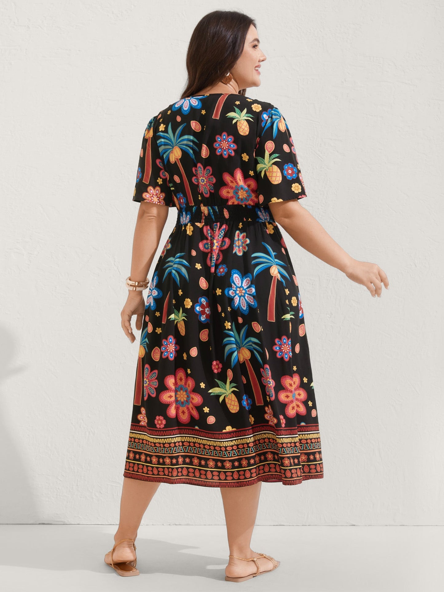 Rayon Tropical Floral Shirred Waist Midi Dress