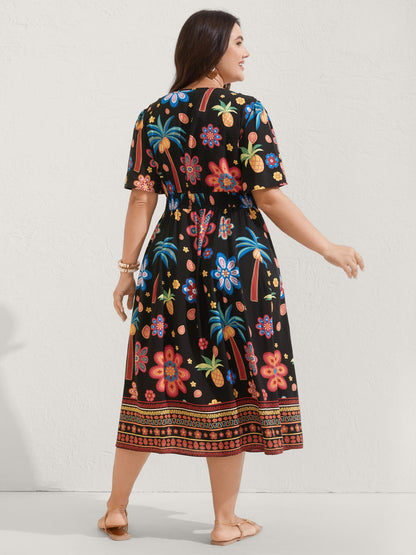Rayon Tropical Floral Shirred Waist Midi Dress