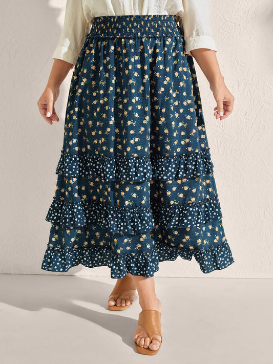 Floral Print Tiered Shirred Waist Midi Skirt