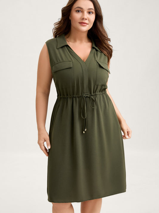 Waist Drawstring Pockets Solid Midi Dress