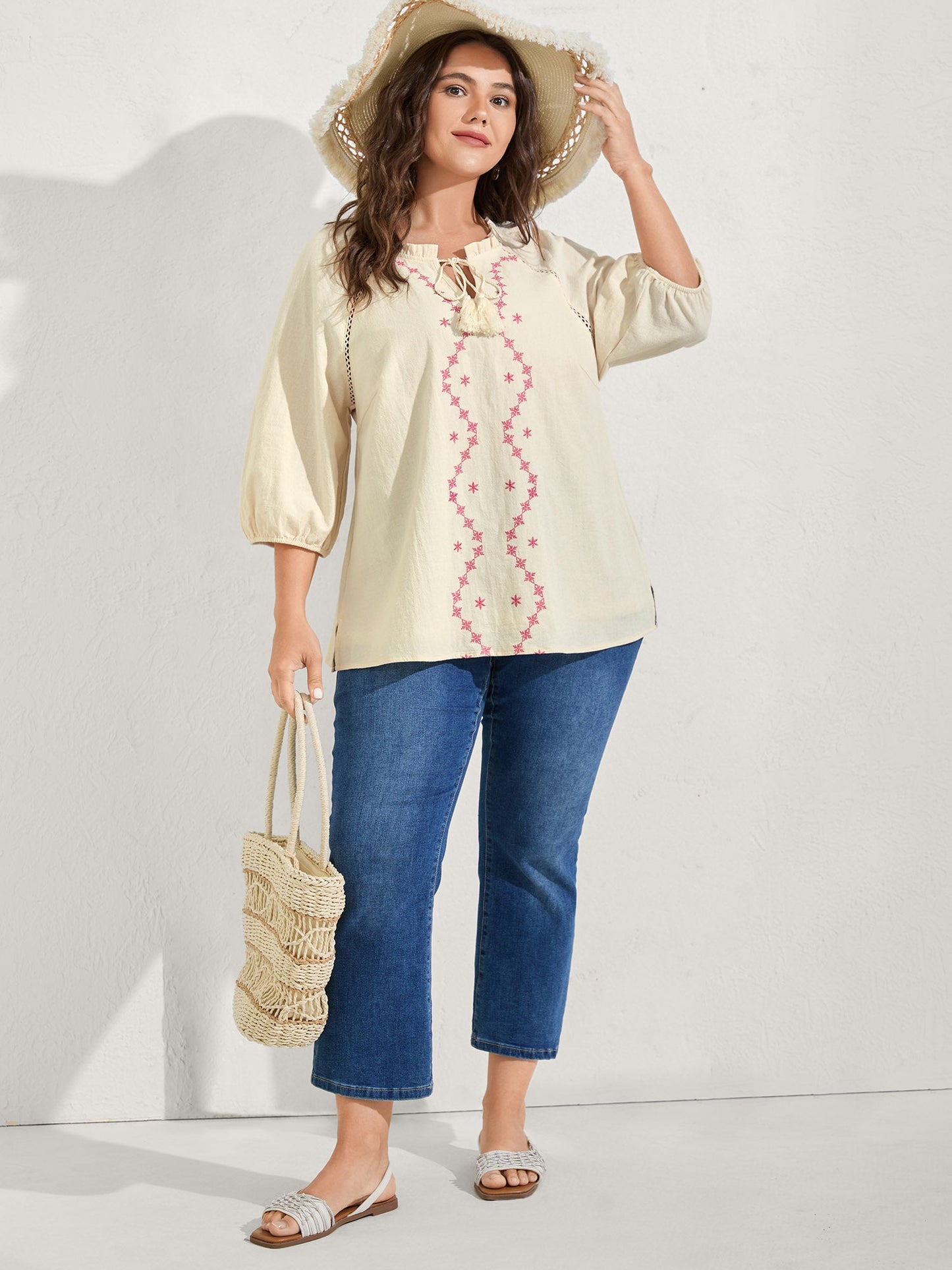 Cotton Lace Embroidered Shirred Neck-Tie Blouse