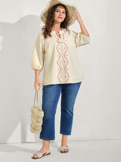Cotton Lace Embroidered Shirred Neck-Tie Blouse