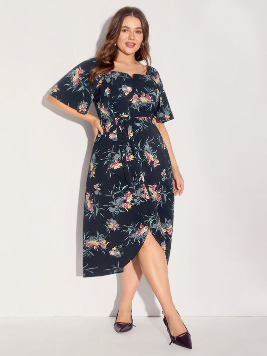 Notched Collar Floral Print Overlap Midi Dress