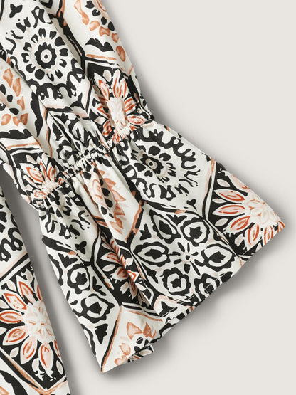 Ornate Print Toothpick Pleats Blouse
