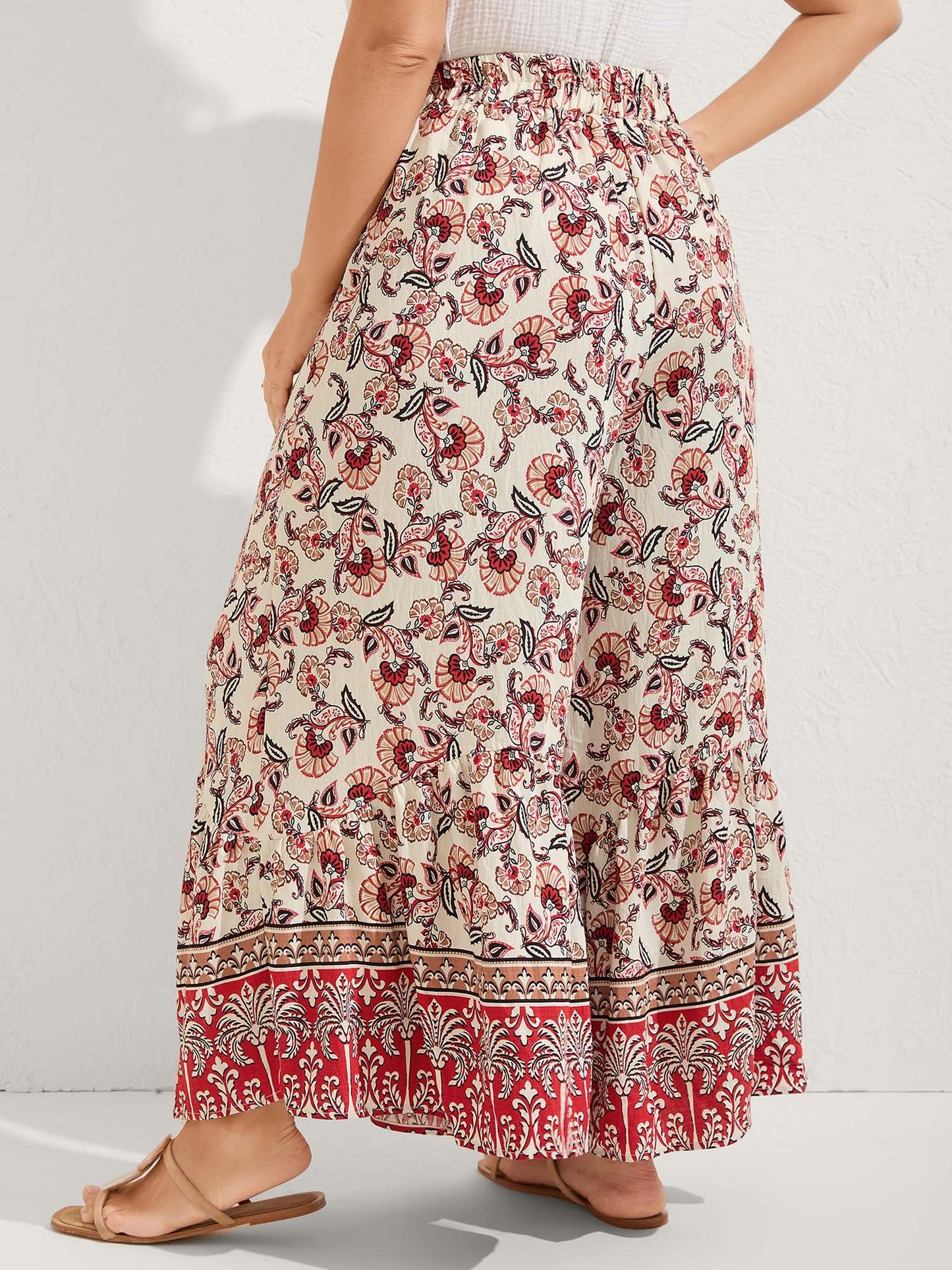 Boho Print Stretchy Waist Wide-Leg Pants