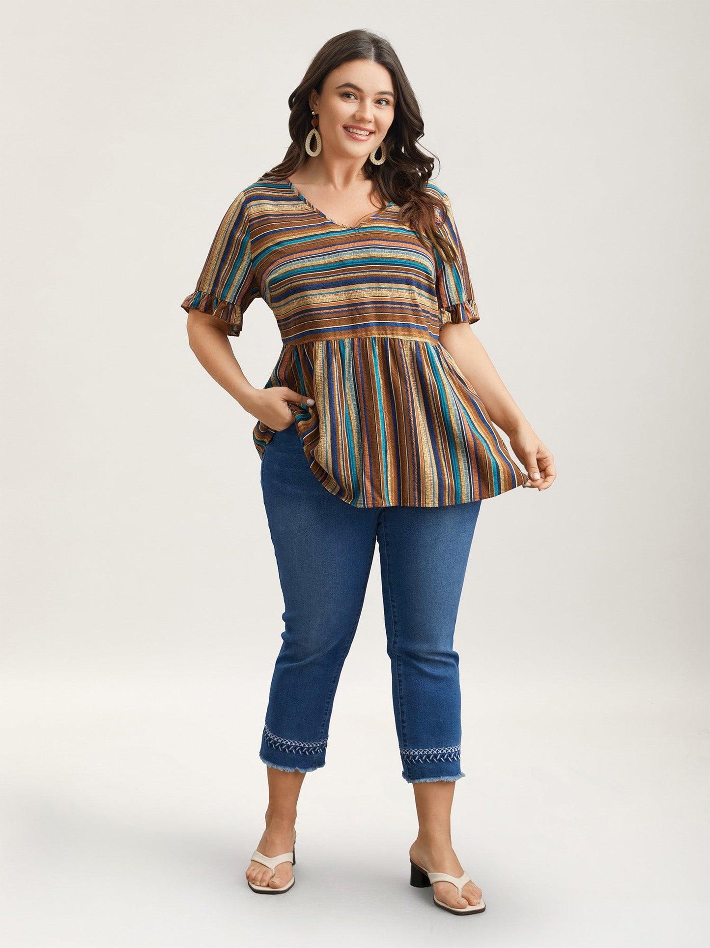 Striped V-Neck Peplum Shirt