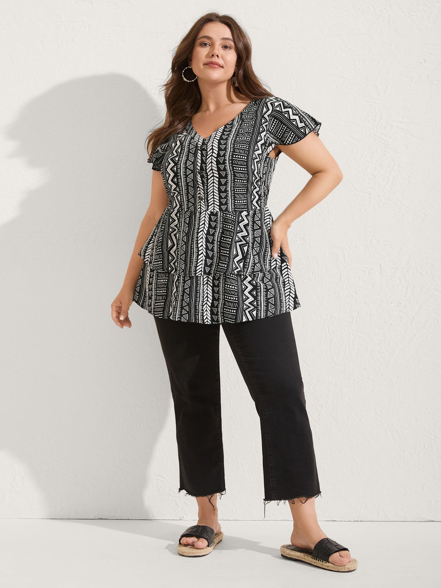 Geometric Print Button Layered Blouse