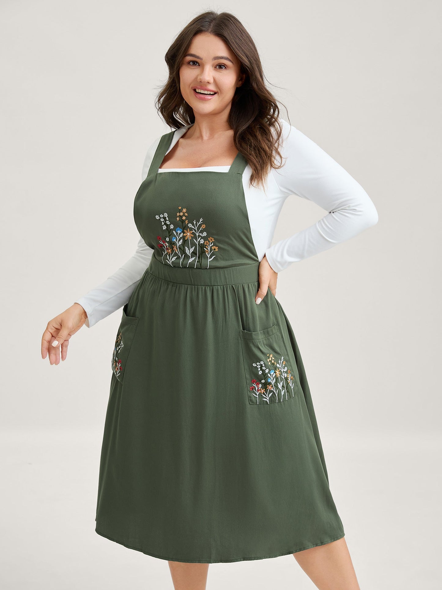 Rayon Floral Embroidery Stretchy Waist Midi Dress
