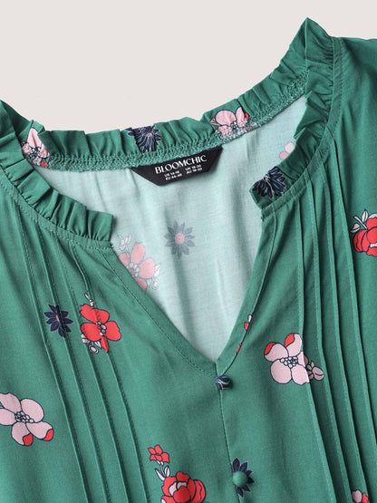 Floral Pleated Notched Collar Midi Dress