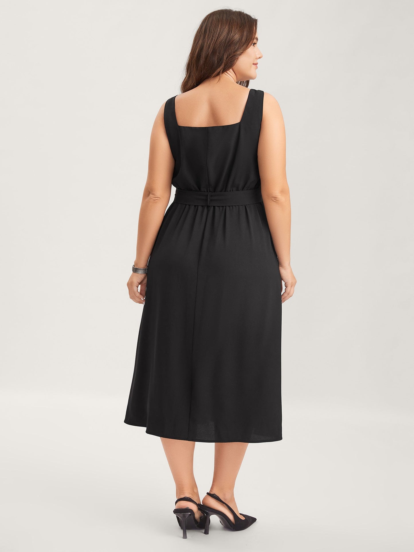 Metal Buckle Button Front Midi Dress