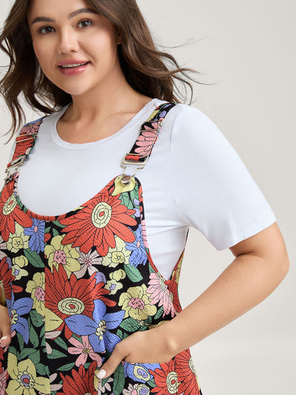 Floral Print Textured Overall Straps Dress
