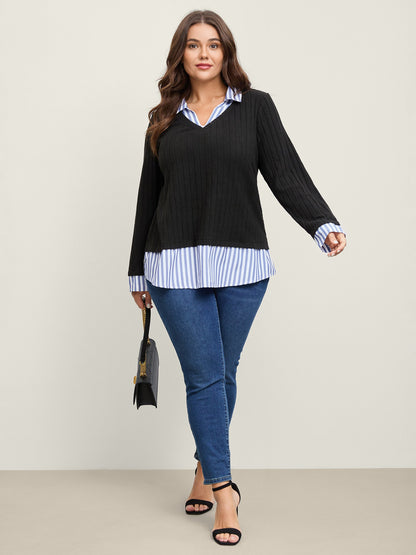 Ribbed Striped Stretchy Sweatshirt Top