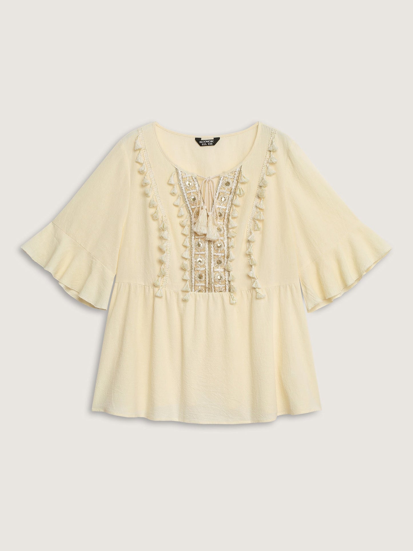 Cotton Tassel Neckline Ruffled Sleeve Solid Top