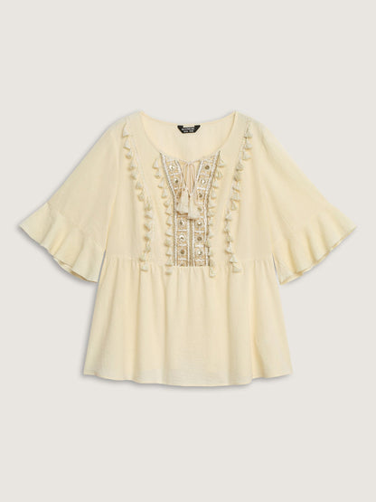Cotton Tassel Neckline Ruffled Sleeve Solid Top