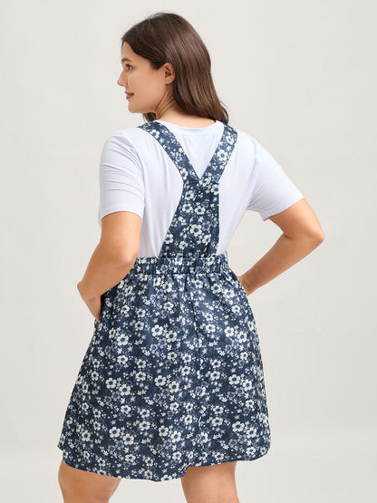 Floral Overall Straps Stretchy Waist Midi Dress