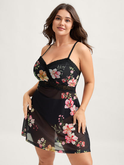 Floral Mesh Lace Trim Sleep Dress